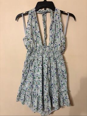 aerie Light Blue Floral Halter Smocked Mini Dress